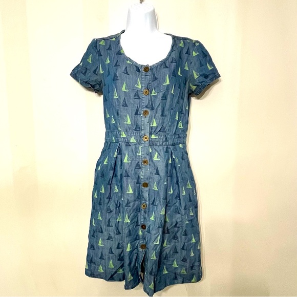Anthropologie Dress Denim Chambray Nautical‎ Boats Porridge size 4 w/ Pockets - Picture 2 of 10